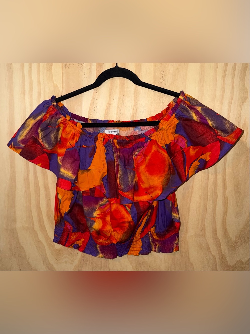 Nine West Off Shoulder Crop Top Womens L Orange Pink Floral Tropical Boho Summer